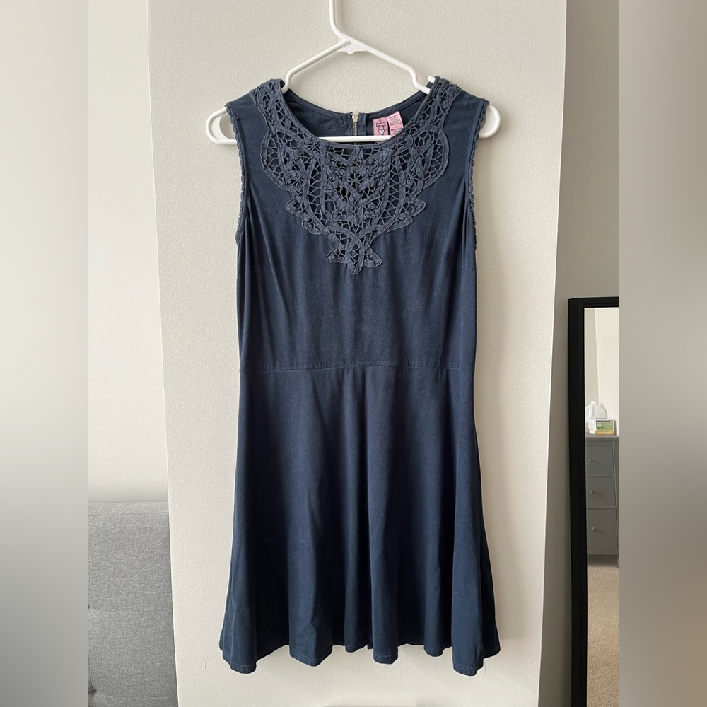 Love on a Hanger navy blue faux suede lace a-line dress